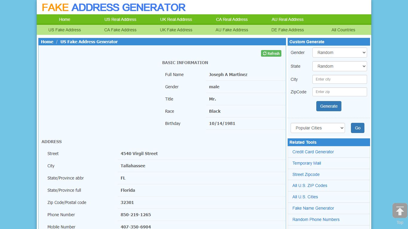 US Address Generator - Fake Address, Random Address Generator