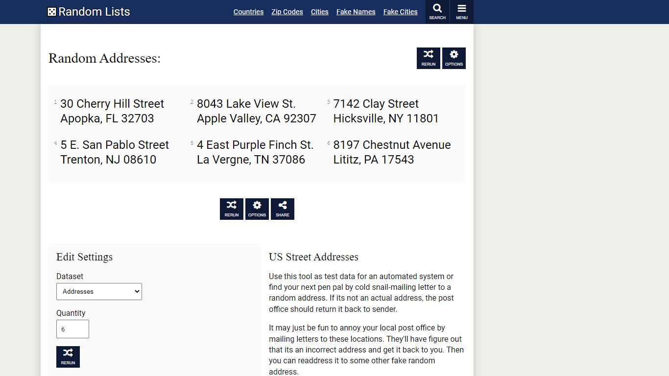 Random US Street Address — Fake address generator - Random Lists